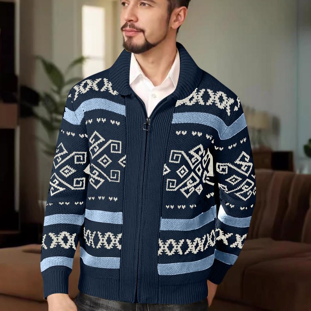 Men's Knitted Cardigan Jacket Men's Zipper Lapel Slim Outer Wear Knitted Sweater