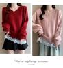 French Lace V-neck Patchwork Two-Piece Knit Sweater - Loose Fit for Autumn/Winter