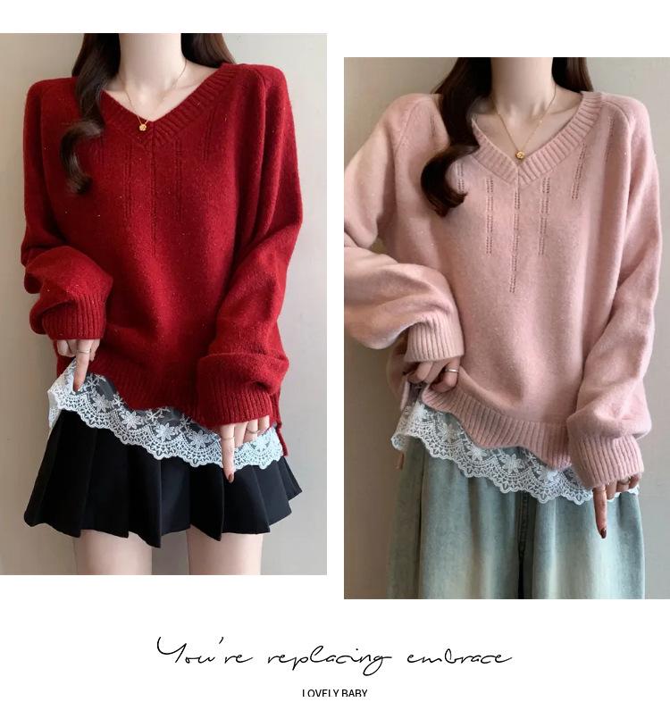 French Lace V-neck Patchwork Two-Piece Knit Sweater - Loose Fit for Autumn/Winter
