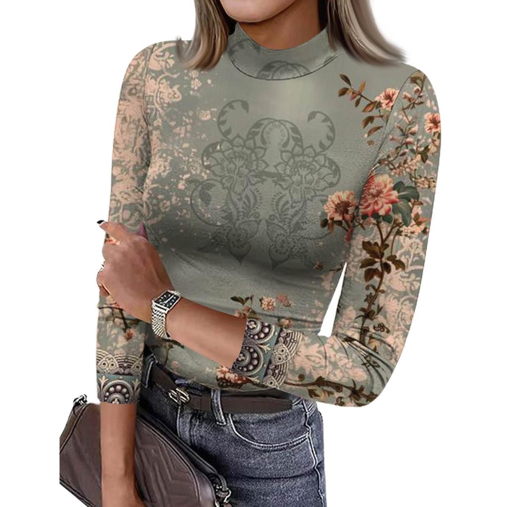 Damen Slim Bottom T-Shirt Mode Lässig Farbverlauf Druck Rundhals Pullover 3/4 Ärmel Top