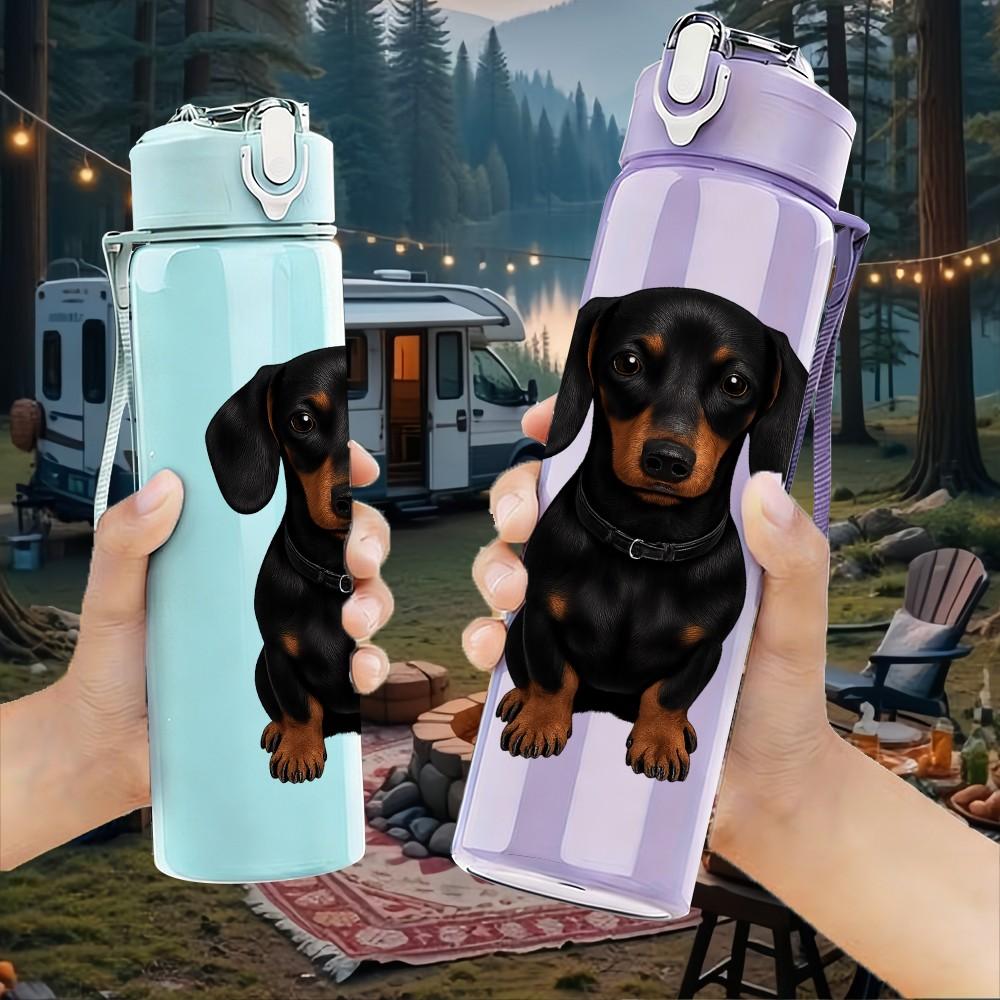 1PC Pure Black Dachshund Portrait 750ml Color Plastic Sports Water Bottle Leakproof Flip Straw Lid Suitable for Sports Office Home Use
