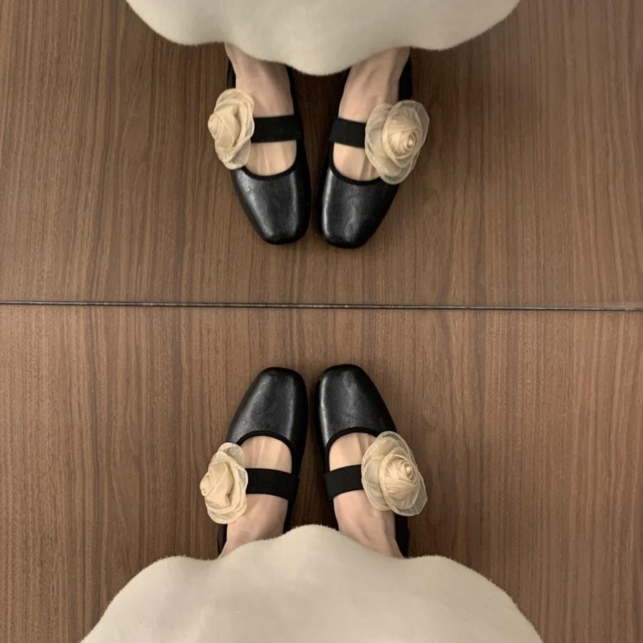 French Retro Flower Square Head Shallow Mouth Single Shoes Women'S Shoes Spring And Autumn Word With Flat Mary Jane Shoes