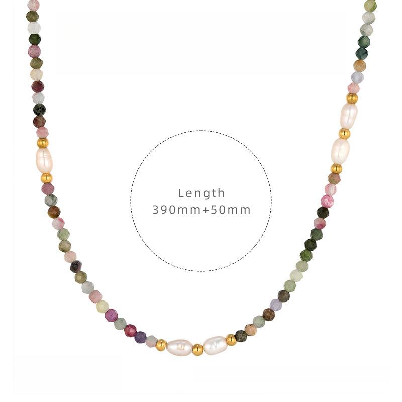 Tourmaline Colorful Natural Stone Beaded Freshwater Pearl Necklace Retro Ethnic Style Niche Collarbone Chain Versatile Woman Quality