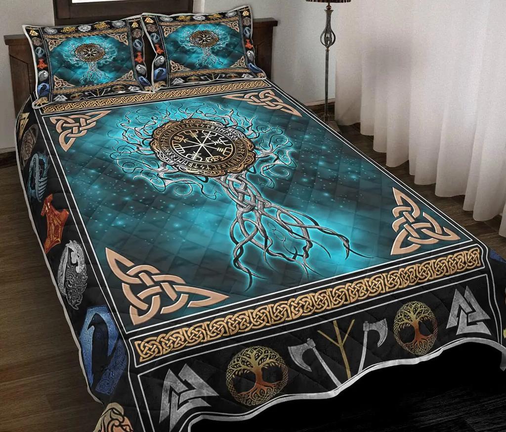Wikinger Vintage King Queen Bettbezug Nordischer Mythos Bettwäsche Set Mittelalter Folklore Totem Quiltbezug Grau Polyester Bettbezug