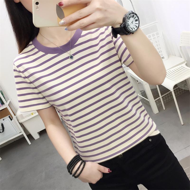 Women Plus Size Striped Cotton Short Sleeve T-Shirt Summer Loose O-Neck Casual Basic Tee Tops