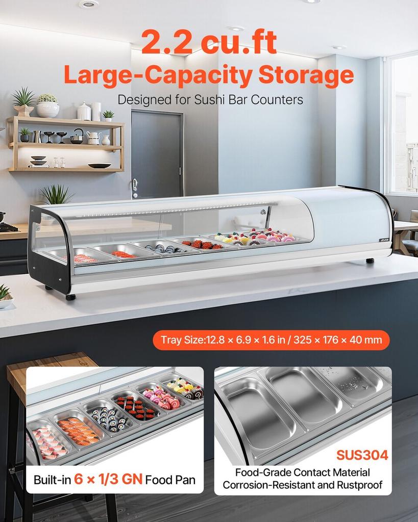 Sushi Display Case Refrigerator, 62L Commercial Sushi Case, 6-Pan Countertop Showcase with Curved Glass, LED Lighting, and Digital Temperature