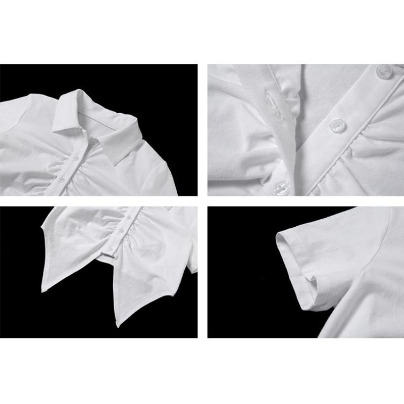 Cămașă albă simplă Tricou scurt de vară de damă, neregulat, pliat, buric deschis