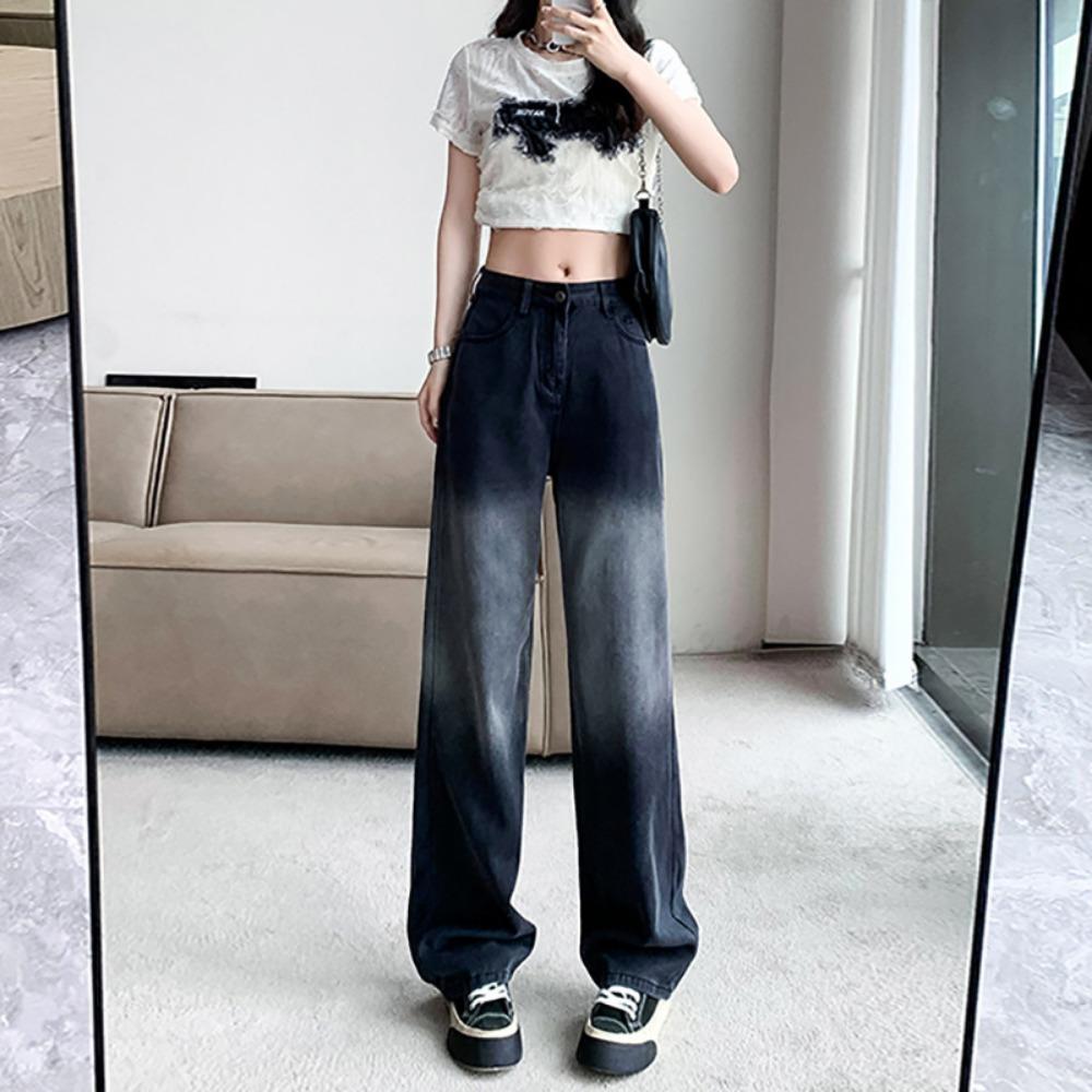 

858 spring and autumn new gradient wide-leg jeans women s versatile and thin high-waisted ins meat-covering and mopping jeans tide S
