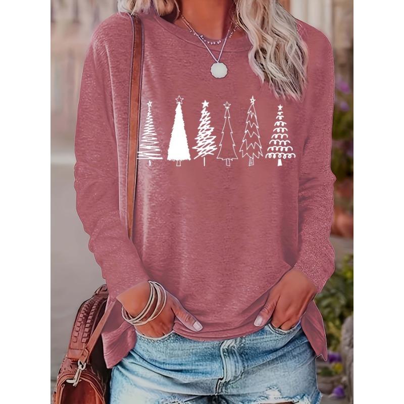 Christmas Casual Print Round Neck Loose Long Sleeve Top, Comfortable and Stylish