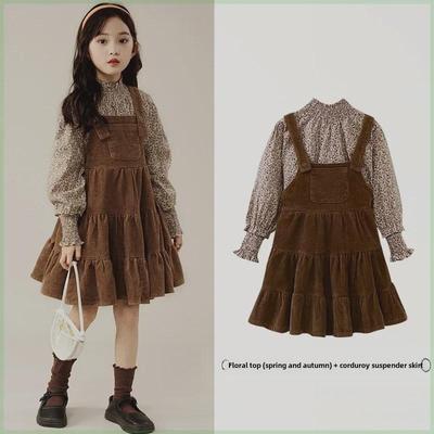 Trendy Girls' Two-Piece Suspender Skirt Suit for Spring and Autumn