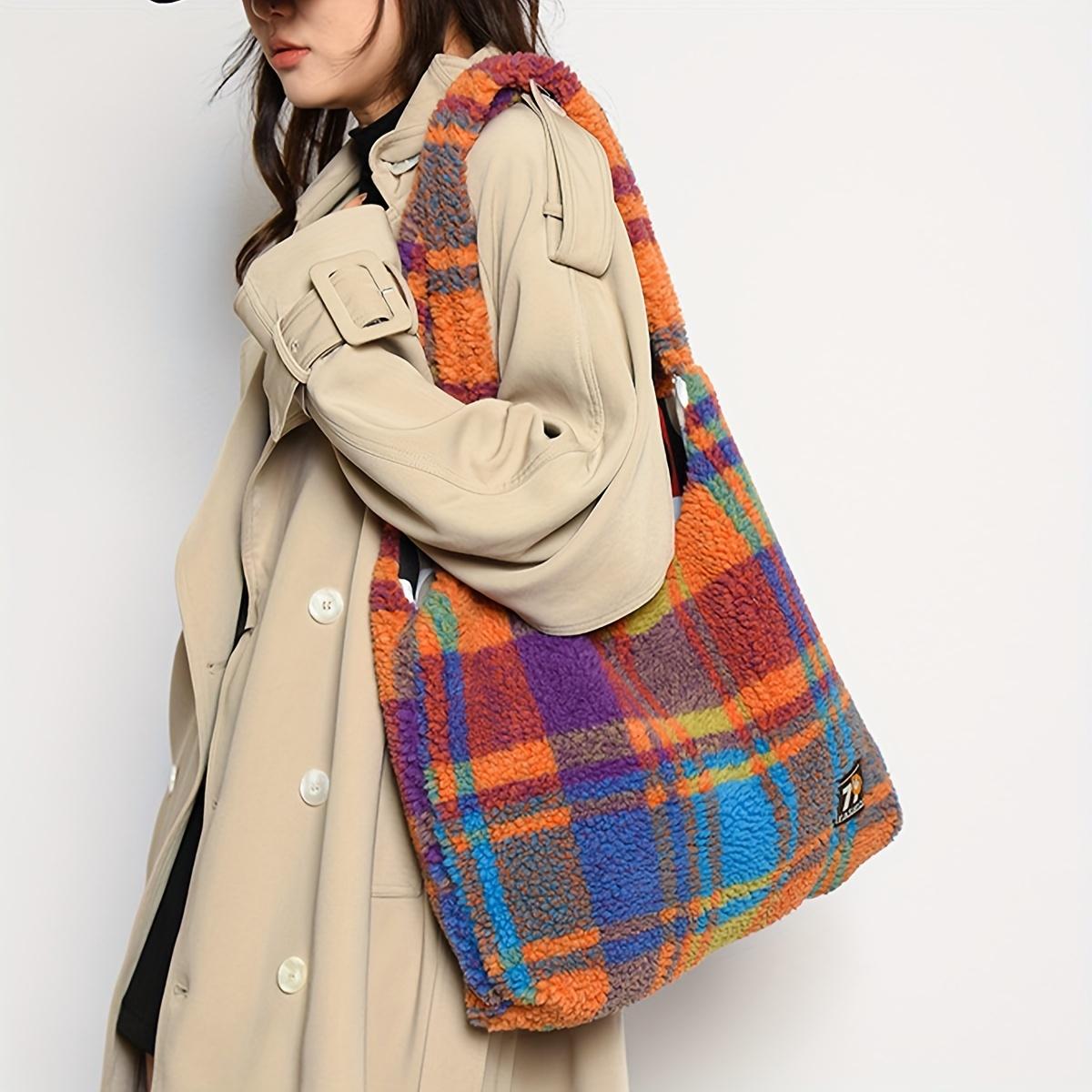 

Women s Plush Faux Fur Tote Bag Purple Plaid Checkered Pattern, Large Capacity Shoulder Bag with Button Closure & Fixed Strap Polyester Lining 1pc