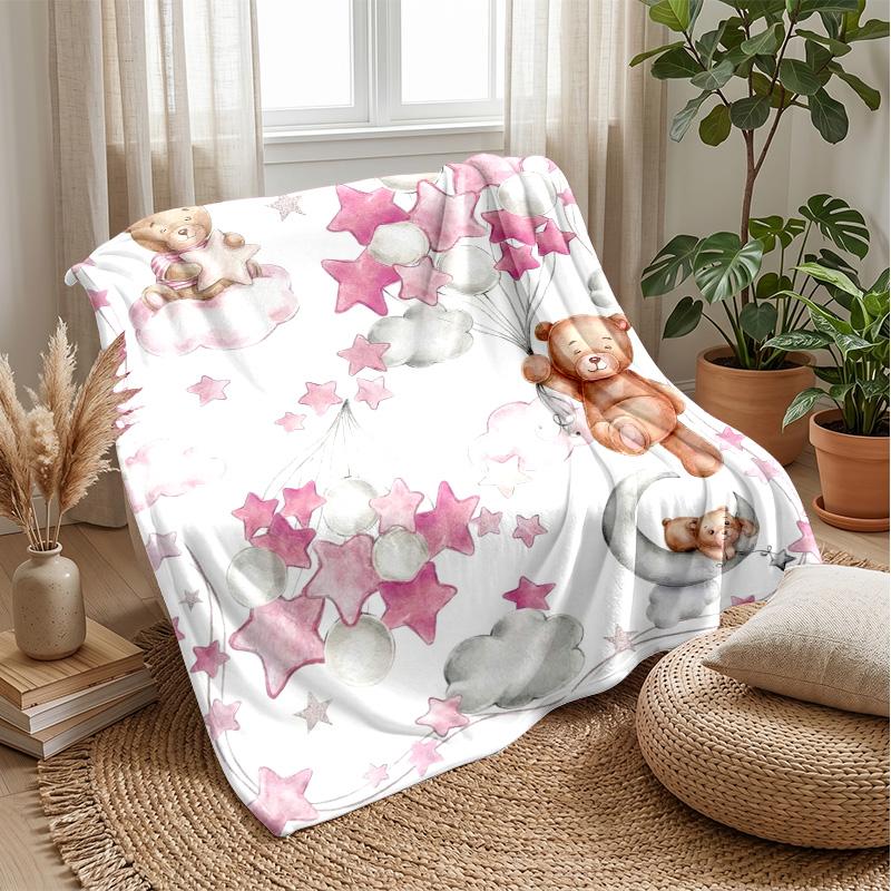 Teddy Bears with Stars and Clouds Theme blanket Lightweight Warm Flannel Blanket Decorative Throw Blanket for Home Decoration