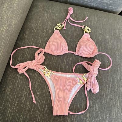 2 Adet/takım Yular Ayarlanabilir Askı Zincir Bağlantısı Pilili Bikini Set Mikro Üçgen Sütyen
