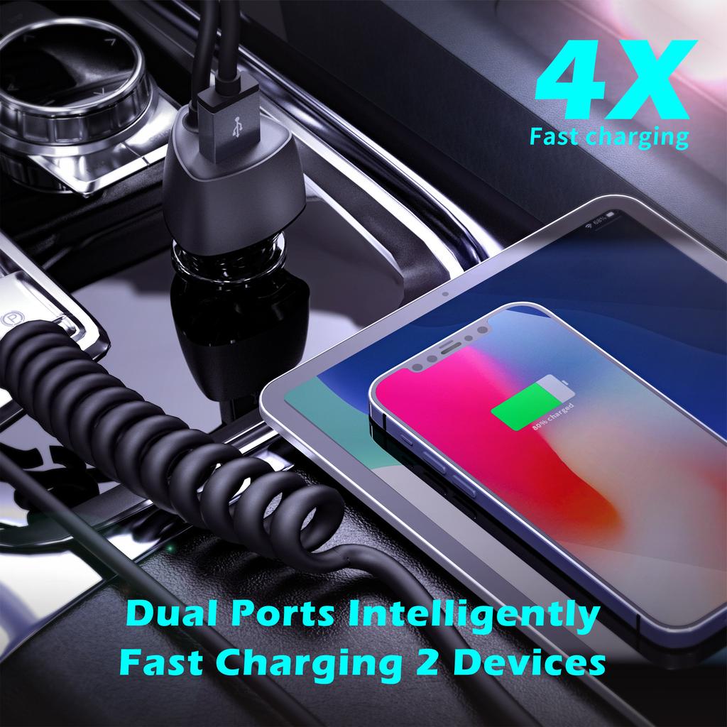 48W USB Fast Car Charger Stretch Cable Adapter for IPhone 12 11 14 15 Samsung Galaxy Android Type-c Car Charger