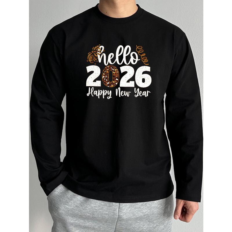 2026 New Year Print Men s Long Sleeve Tee Versatile Home Outdoor Casual Daily Top XXL чёрный