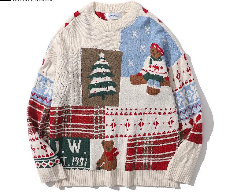 Japanese Retro Christmas Bear Cable Knit Sweater - 2025 Winter Men s Loose Trendy Style Medium