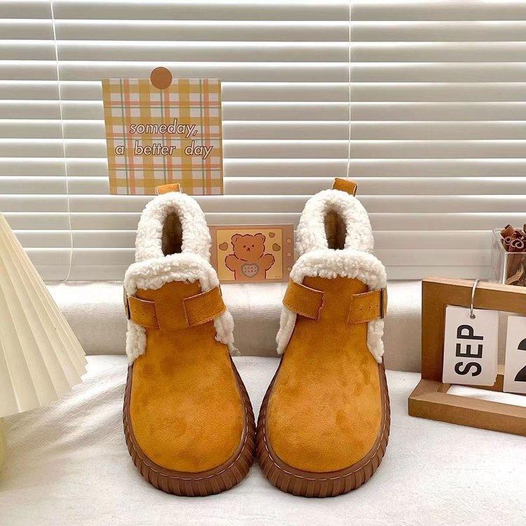 Versatile Warm Snow Boots Children's 2025 New Winter Piled Thickened Non-slip One-word Button Fluffy Cotton Shoes Women