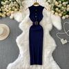 Summer Women Sleeveless Single Breasted Office Work Knitted Sweater Sheath Dresses with Belt