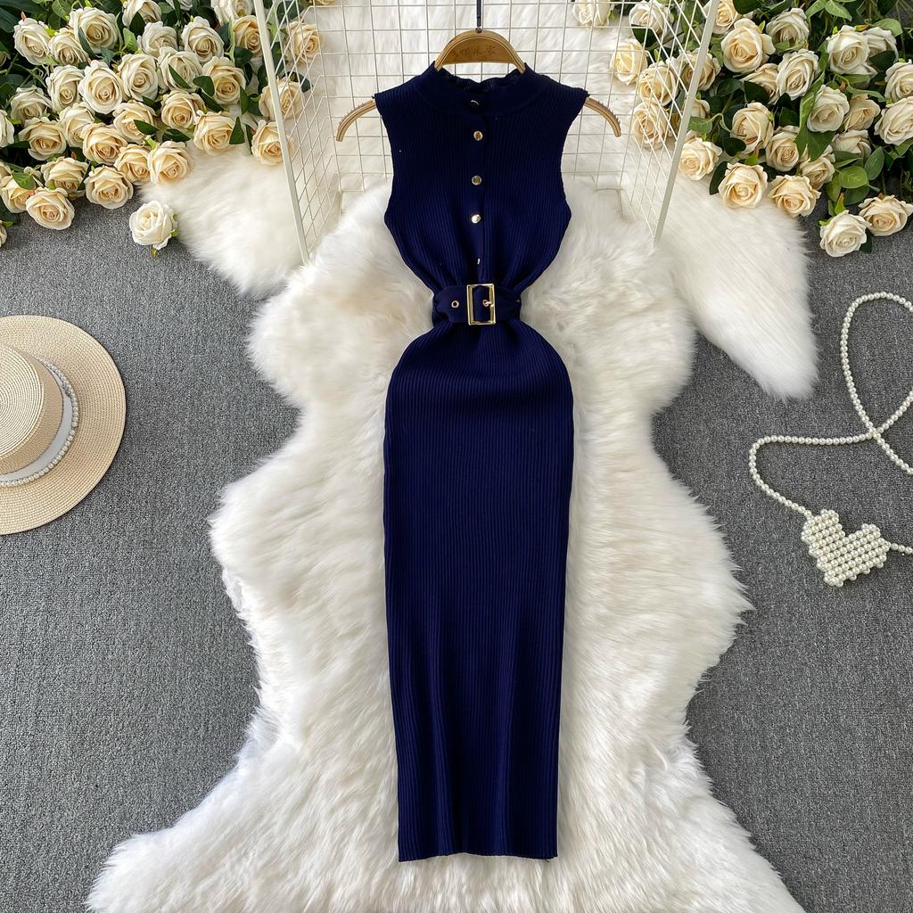 Summer Women Sleeveless Single Breasted Office Work Knitted Sweater Sheath Dresses with Belt