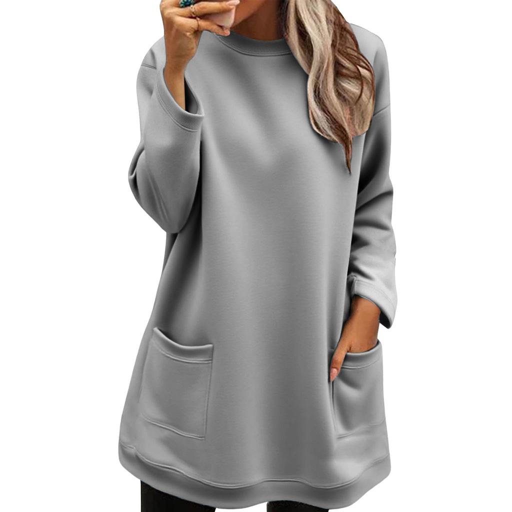 Women's Long-sleeved Loose Fashion Pocket Pullover Round Neck Long Sweatshirt