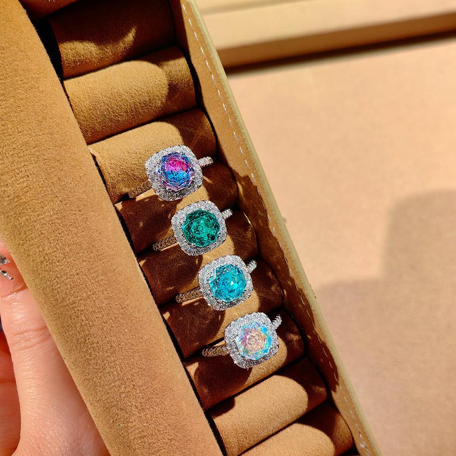 Fashion Square Bag Octagonal Rose Cut Pendant Necklace Colorful Diamond Ring Aquamarine Earrings Pink Diamond Treasure Suit Women