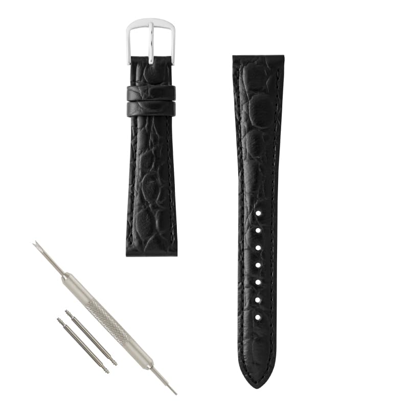 

BAMBI Watch Strap, Cowhide Leather, Crocodile Embossed, Bead Pattern, 8mm ~ 20mm, Odor-Resistant, Water-Repellent, Replacement Watch Band, Black