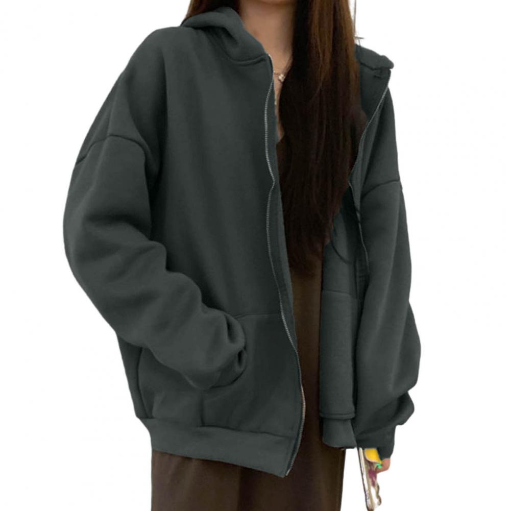 Women Winter Coat Zipper Closure Thick Hooded Long Sleeve Drawstring Loose Solid Color Pockets Elastic Cuff Lady Autumn Jacket