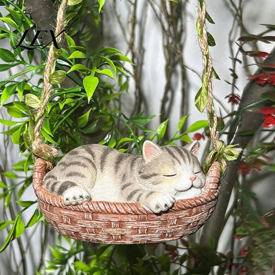 Sleeping Kitten Hanging Ornament Basket Cat Statue, Cute Figurine, Weatherproof Decor for Balcony Resin Outdoor Garden Patio Porch Decoration