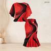 Women Plus Size Two Piece Set Round Neck Batwing Sleeve Ruffle Hem Top Black Gold Printed Fishtail Skirt
