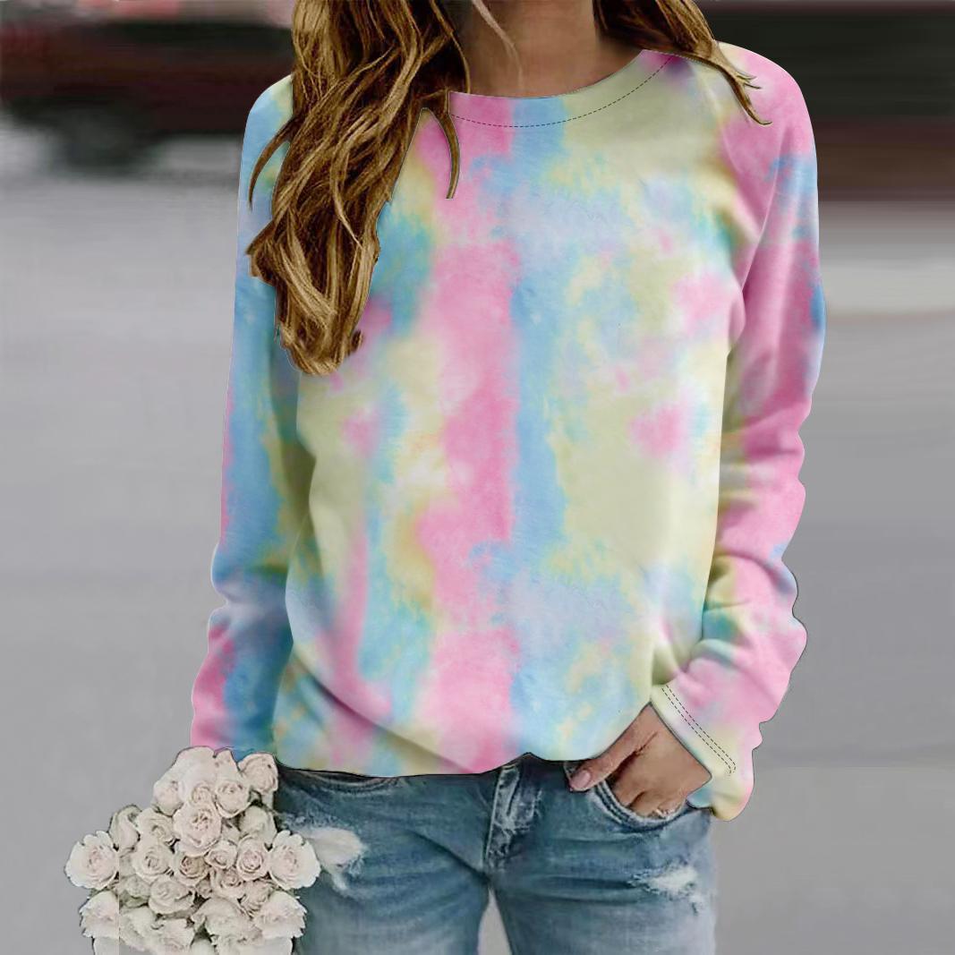 

Осенняя женская модная футболка с круглым вырезом и длинным рукавом, свободная одежда, цветная футболка с принтом тай-дай 2XL розовый