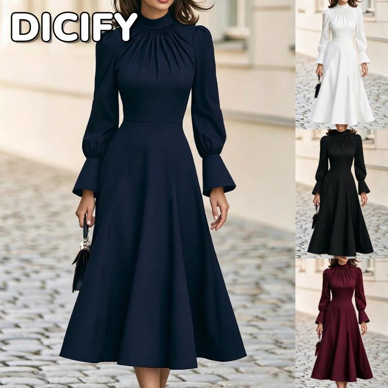 DICIFY Women's Fashion Autumn Winter Stand-up Collar Long Sleeve Solid Color Print Casual Dresses