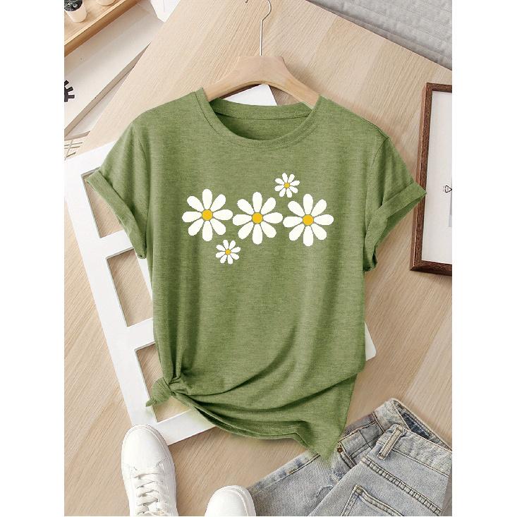 Women's European and American style summer short-sleeve top with contrasting colors and a print of several white daisy flowers, fashionable