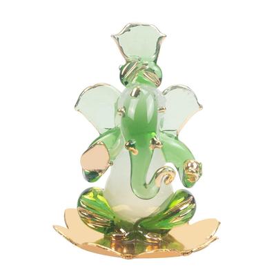 God Ganesh Sitting On Petal Statue (Murti) Idol Showpiece Handmade of Crystal Glass by for Worship, Decoration, Car Dashboard, Gift (Green), Small
