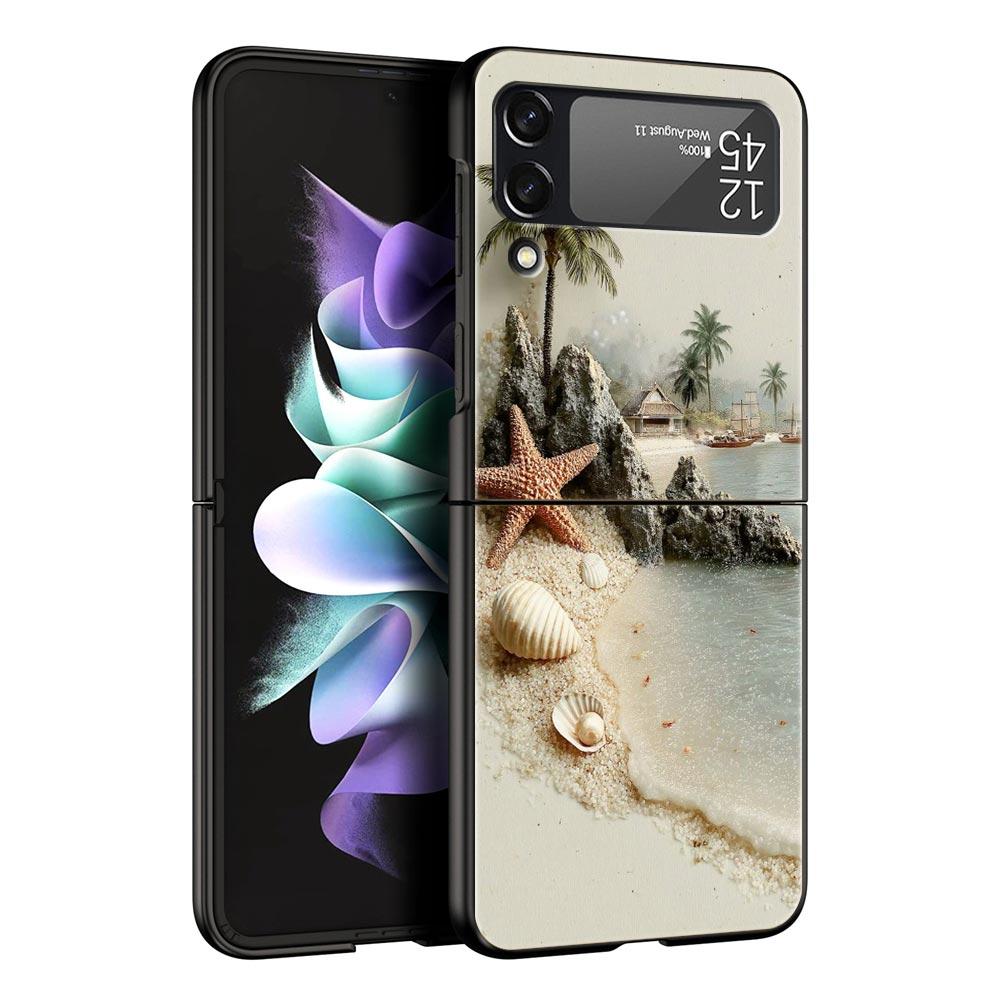 Ocean Coastal Seashell Seaweed Pattern Hard PC Phone Case For Samsung Galaxy Z Flip 7 6 5 4 Black Cover For Galaxy Z Flip3 Shell