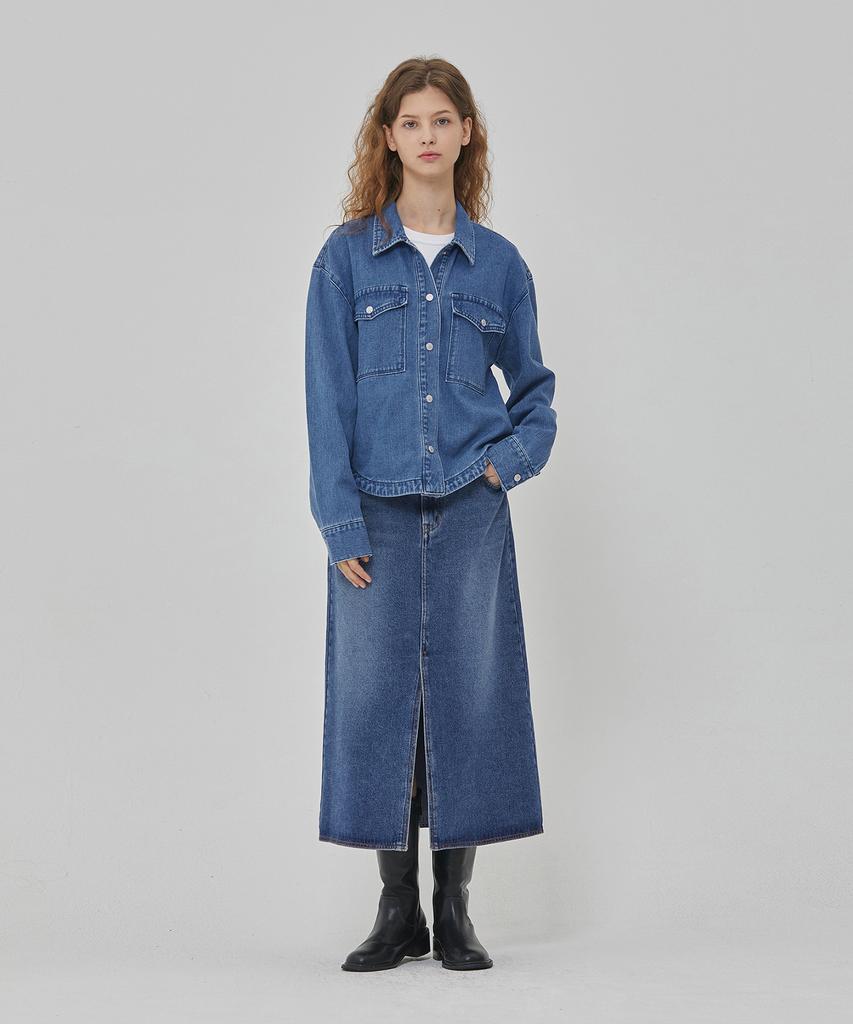 RYUL+WAI Denim Round Hem Oversized Shacket Indigo