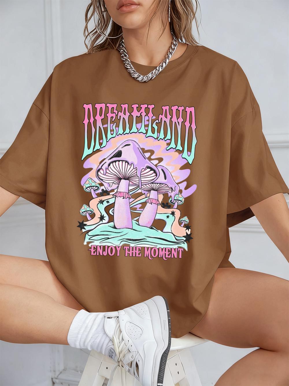 

Dreamland Mushrooms Printing TShirts Womens Cotton Summer Short Sleeve T Shirt Soft Loose ONeck Tops Casual Womans Clothes S