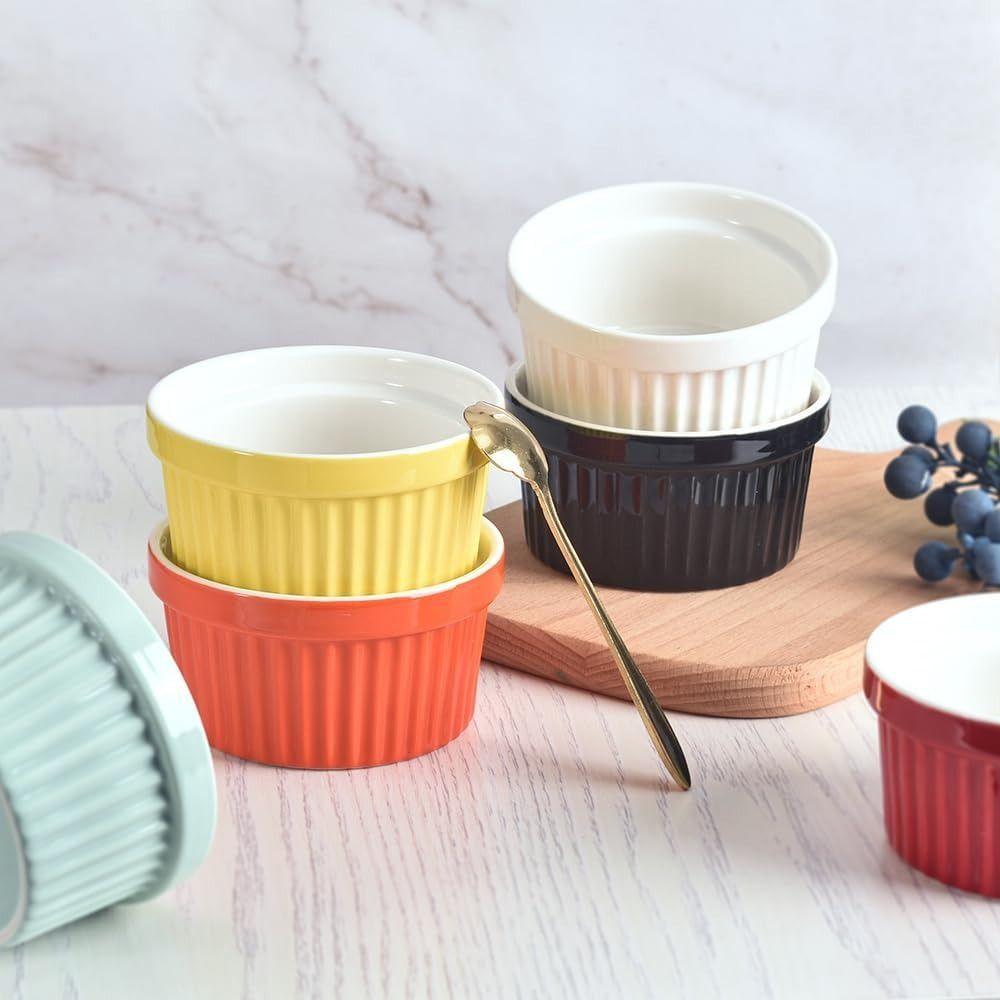 4 ks Keramické ramekiny na pečení, vhodné do trouby, rýhované porcelánové misky, pohárky na suflé, vaření