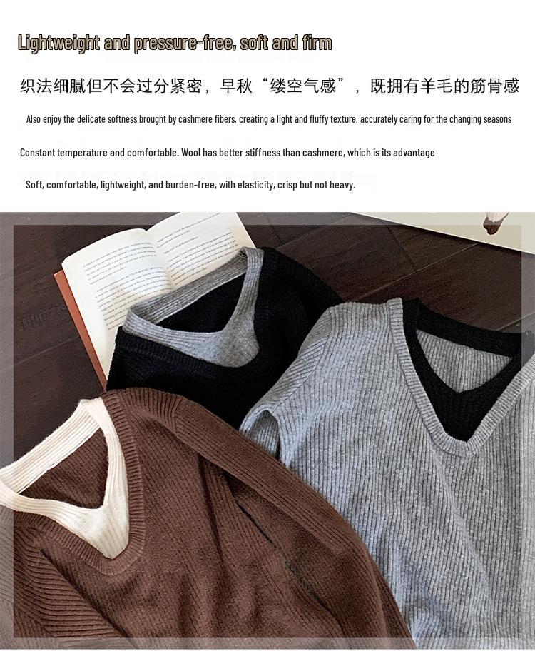 Women's V-Neck Wool Sweater: Color Block, Faux Two-Piece, Long Sleeve Knitwear