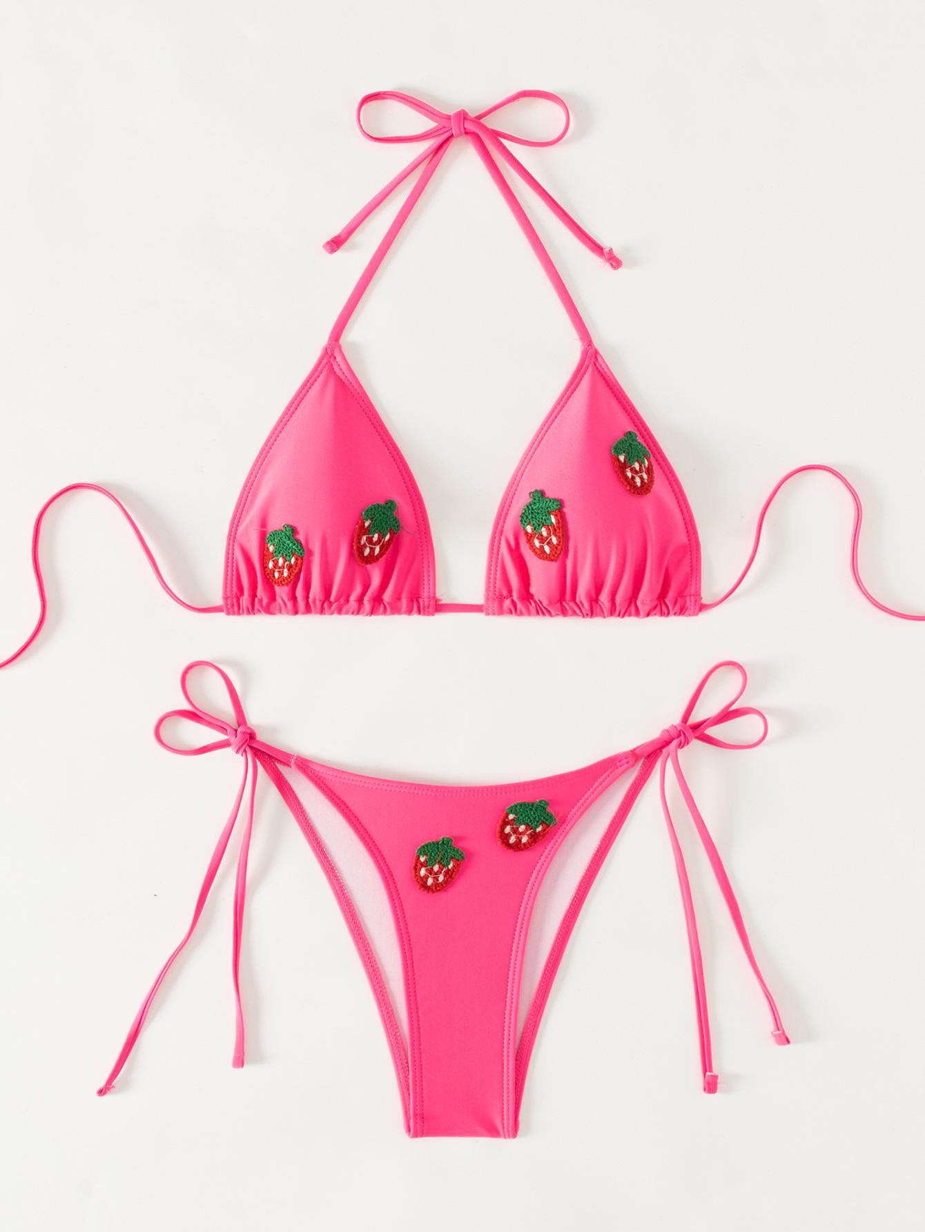 

Yi Yong 2024 Европейский и американский купальник бикини халтер со шнуровкой и клубничным кружевом для женщин Extra Small фуксия