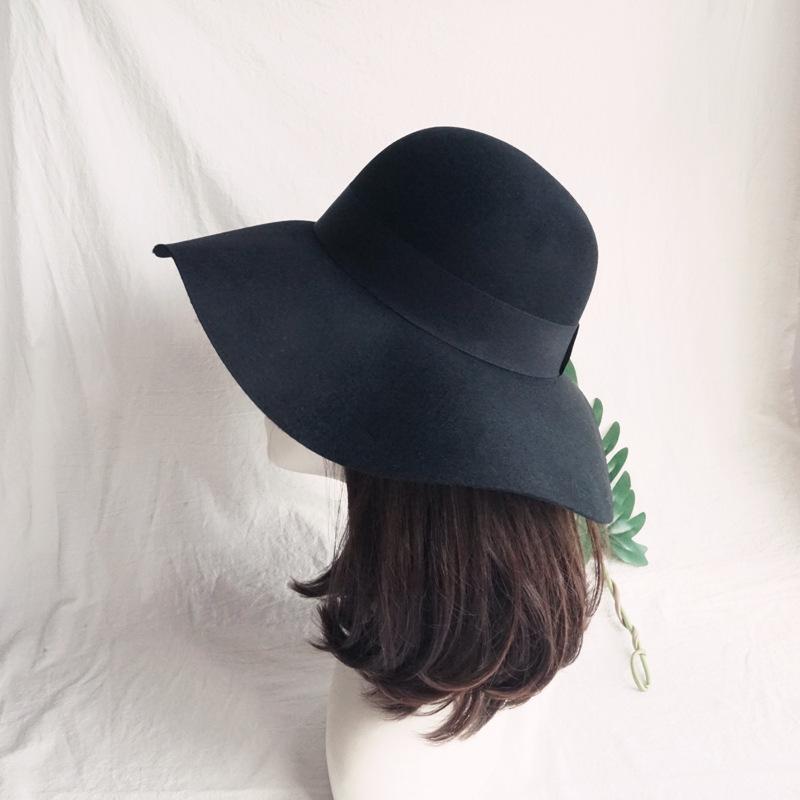 Foreign Trade Export Autumn And Winter Black Camel Woolen Top Hat Big Brim Wavy Felt Hat British Hepburn Retro
