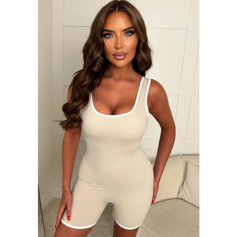 Women's Backless Ruched Active Romper Contrast Trim Sleeveless Bodycon Short Jumpsuit