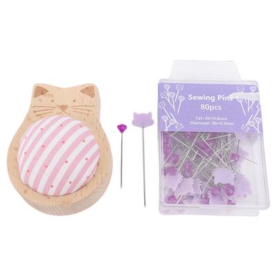 80PCS Sewing Pins Rhinestone and Cat Head Long Straight Locating Pins Striped Needle Insert Cushion