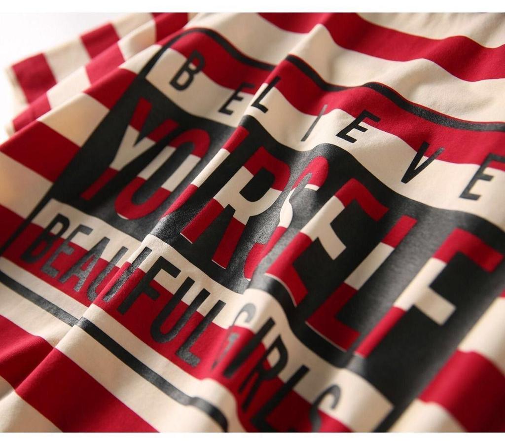 2022 Summer Women's Mid-length Striped T-shirt Dress - Loose Fit, Slimming, Korean Style, Short Sleeve