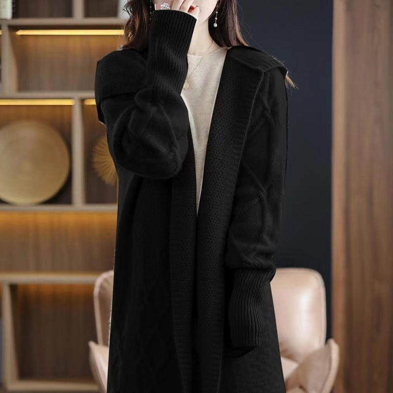 Women's Thick Cable Knit Hooded Coat - Mid-Length, Over-the-Knee, Autumn/Winter Outerwear