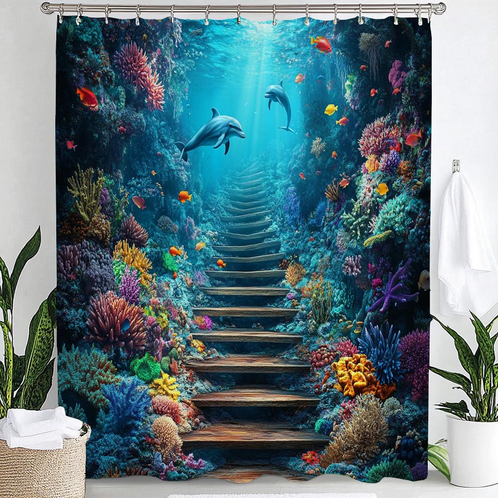 Underwater World Printed Shower Curtain With Hooks, Dolphin Sea Turtle Fish Coral Underwater Cave Ocean Bathroom Decor Curtain