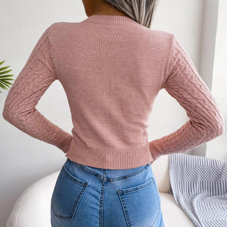 Women Slim Fit Long Sleeve Knitted Sweater Fall Winter Solid Color Cutout Twist All Match Tops