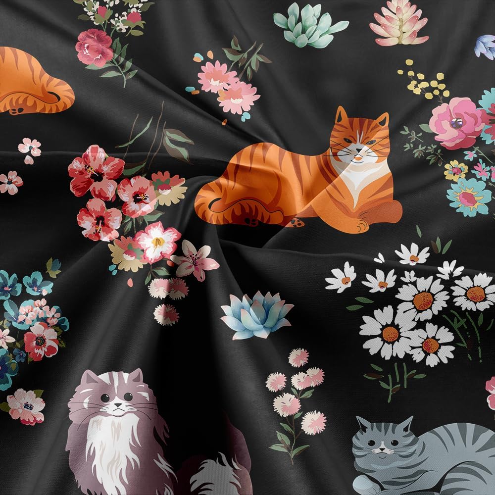 Cat Shower Curtain Black Cute Funny Floral Kitten Boho Bathroom Shower Curtain White Daisies Roses Cat Funny Shower Curtains