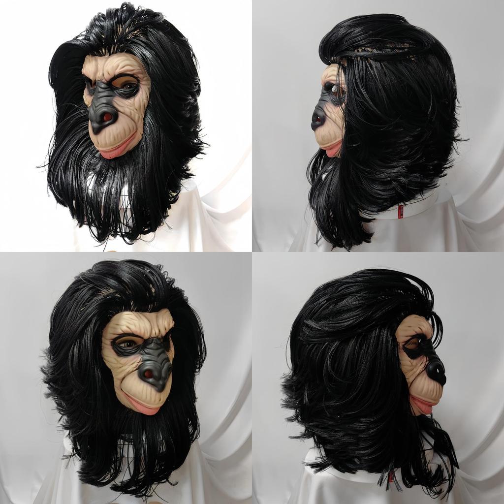 Latex Schwarzes Langes Haar Affenkopfmaske Für Halloween-Kostüme Und Party-Rollenspiel