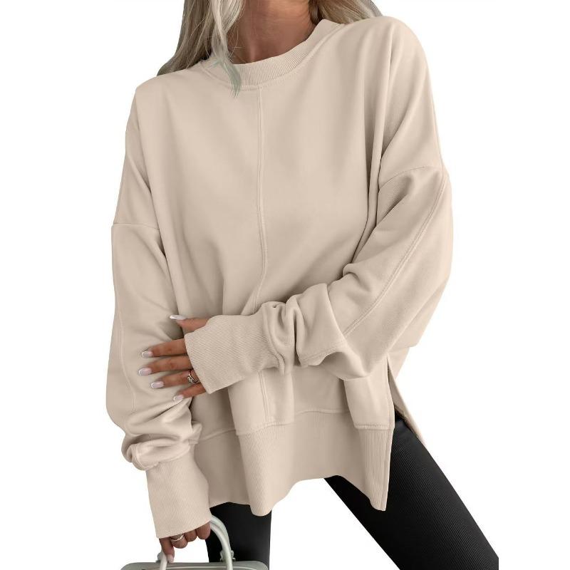 Loose Fleece Sweatshirt Round Neck Side Split Long Sleeve Casual Top For Women