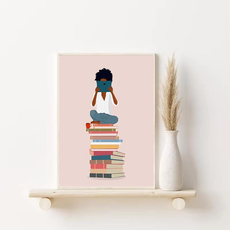 Minimalist Book Lover Girl Reading Beige Colors Nordic Poster Canvas Painting Wall Art Pictures Home Room Decor